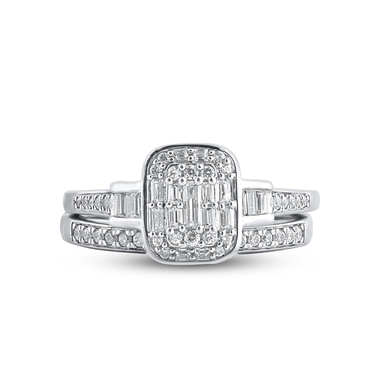 Express your love for her in the most classic way with this diamond ring set. Crafted in 14 Karat white gold. This wedding ring features a sparkling 60 brilliant cut, single cut round diamonds and baguette cut diamonds beautifully set in prong, pave