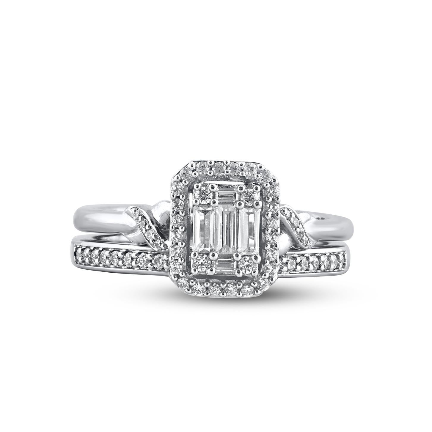 Give her a sophisticated reminder of your love with this diamond ring set. Crafted in 14 Karat white gold. This wedding ring features a sparkling 62 brilliant cut, single cut round diamonds and baguette cut diamonds beautifully set in prong and pave