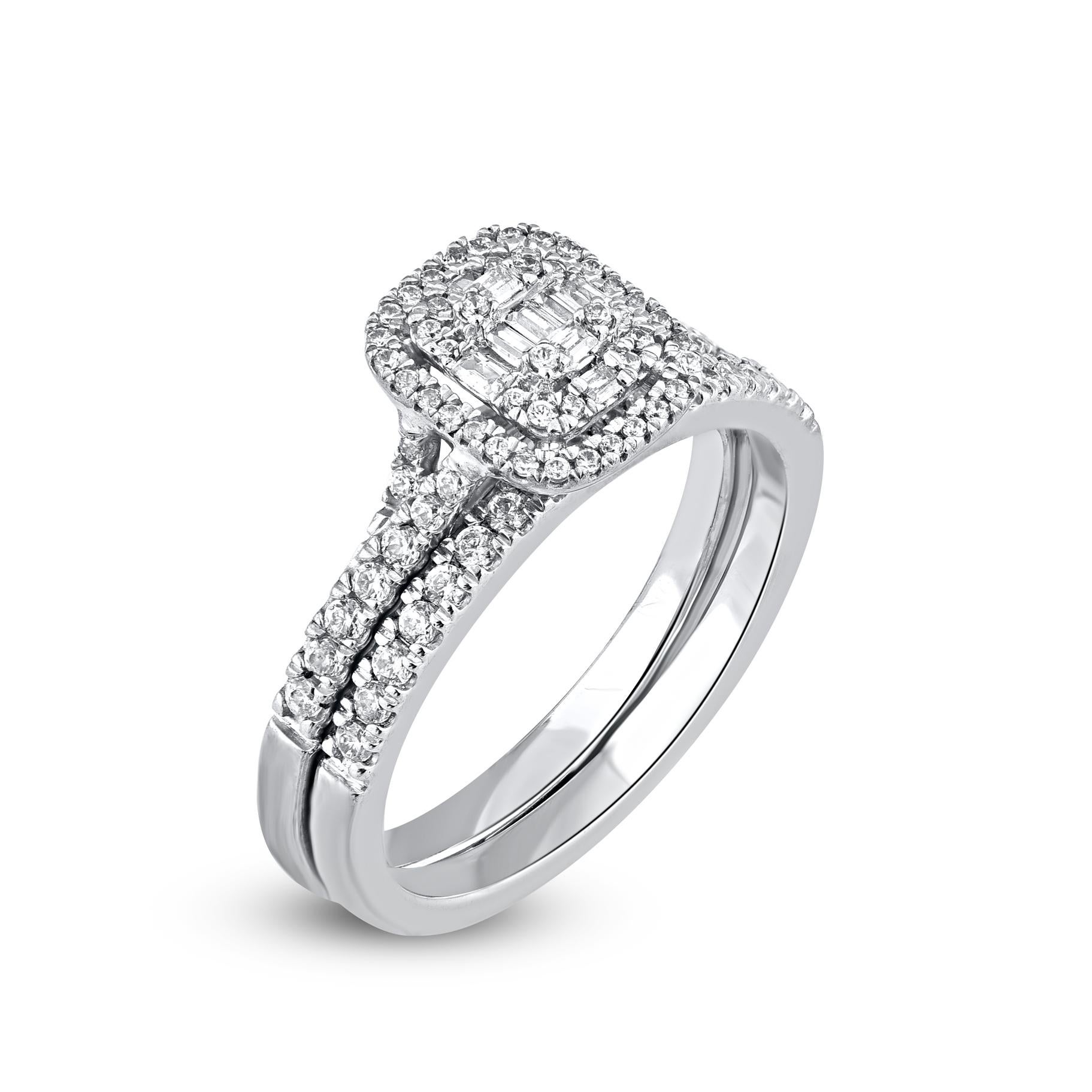 Always a classic, this diamond bridal set is sure to win their heart. Crafted in 14 Karat white gold. This wedding ring features a sparkling 88 brilliant cut, single cut round diamonds and baguette cut diamonds beautifully set in prong and channel