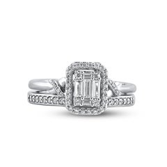 TJD 0.50 Carat Round and Baguette Diamond 14 Karat White Gold Bridal Ring Set