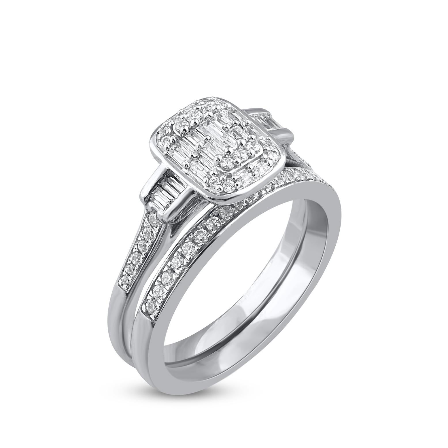 Contemporary TJD 0.50 Carat Round and Baguette Diamond 14 Karat White Gold Bridal Ring Set For Sale