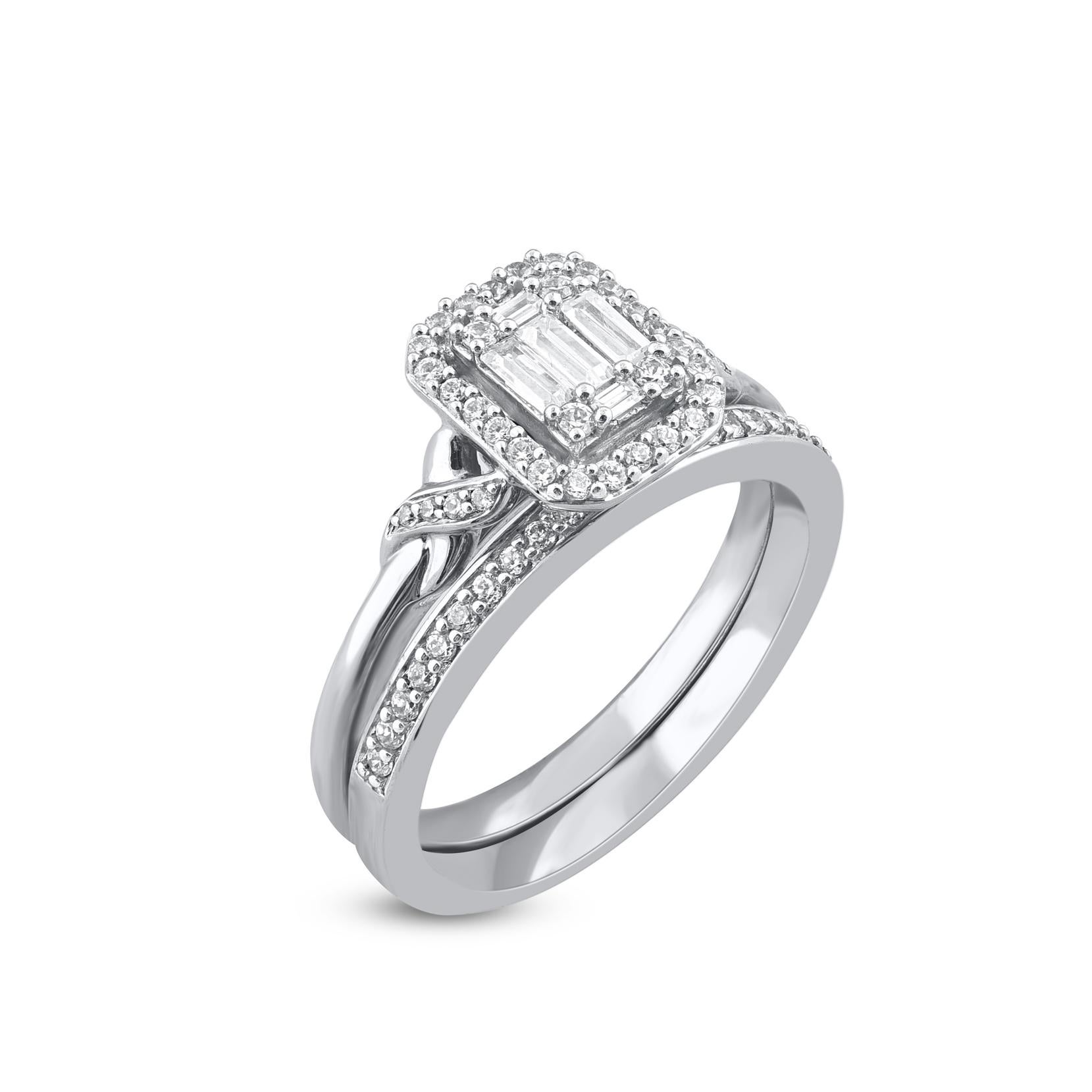 Contemporary TJD 0.50 Carat Round and Baguette Diamond 14 Karat White Gold Bridal Ring Set For Sale