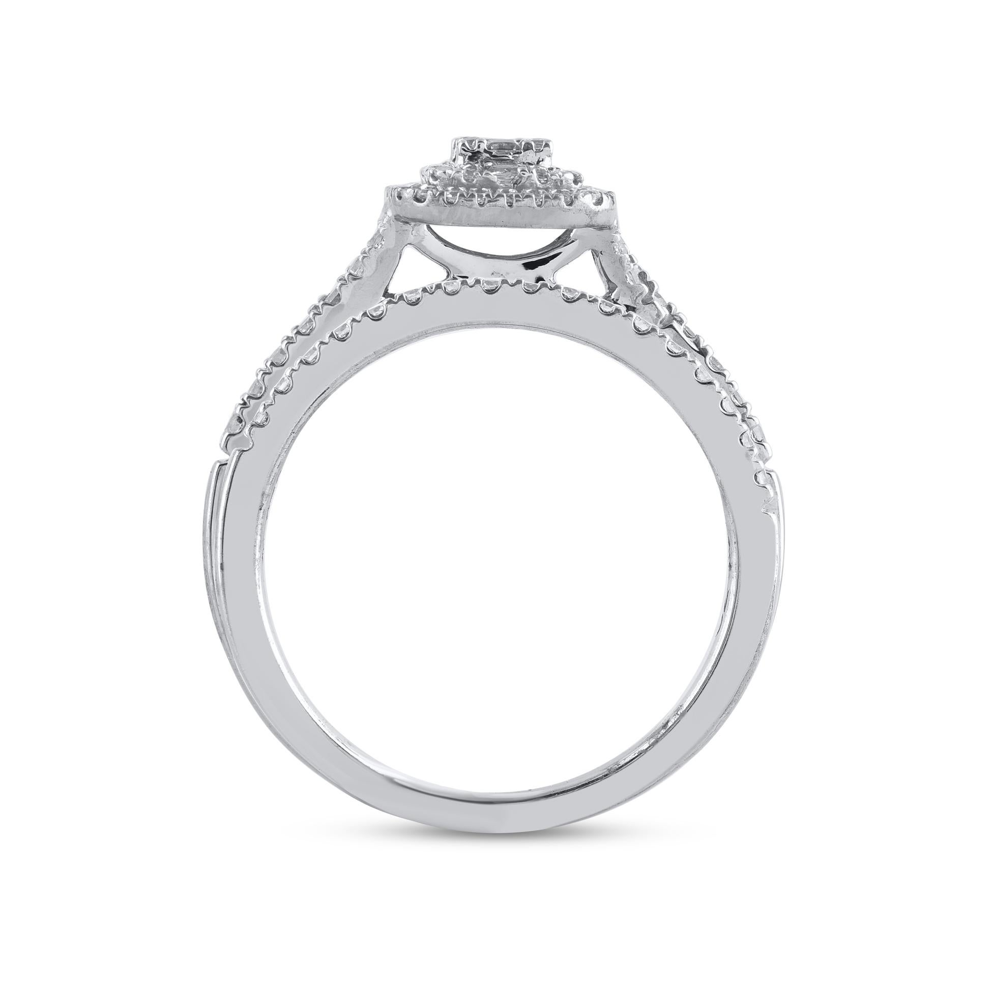 Mixed Cut TJD 0.50 Carat Round and Baguette Diamond 14 Karat White Gold Bridal Ring Set For Sale