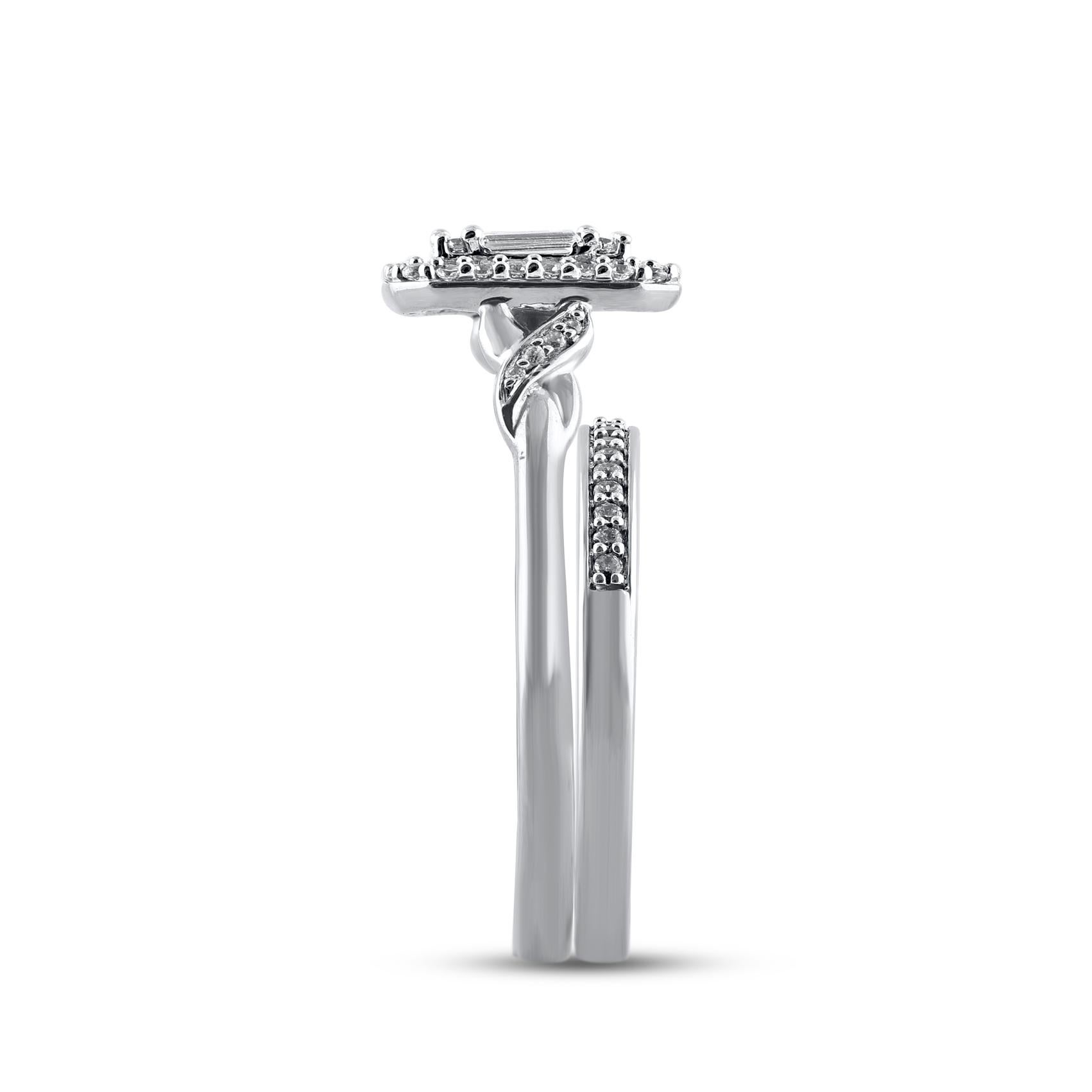 Mixed Cut TJD 0.50 Carat Round and Baguette Diamond 14 Karat White Gold Bridal Ring Set For Sale