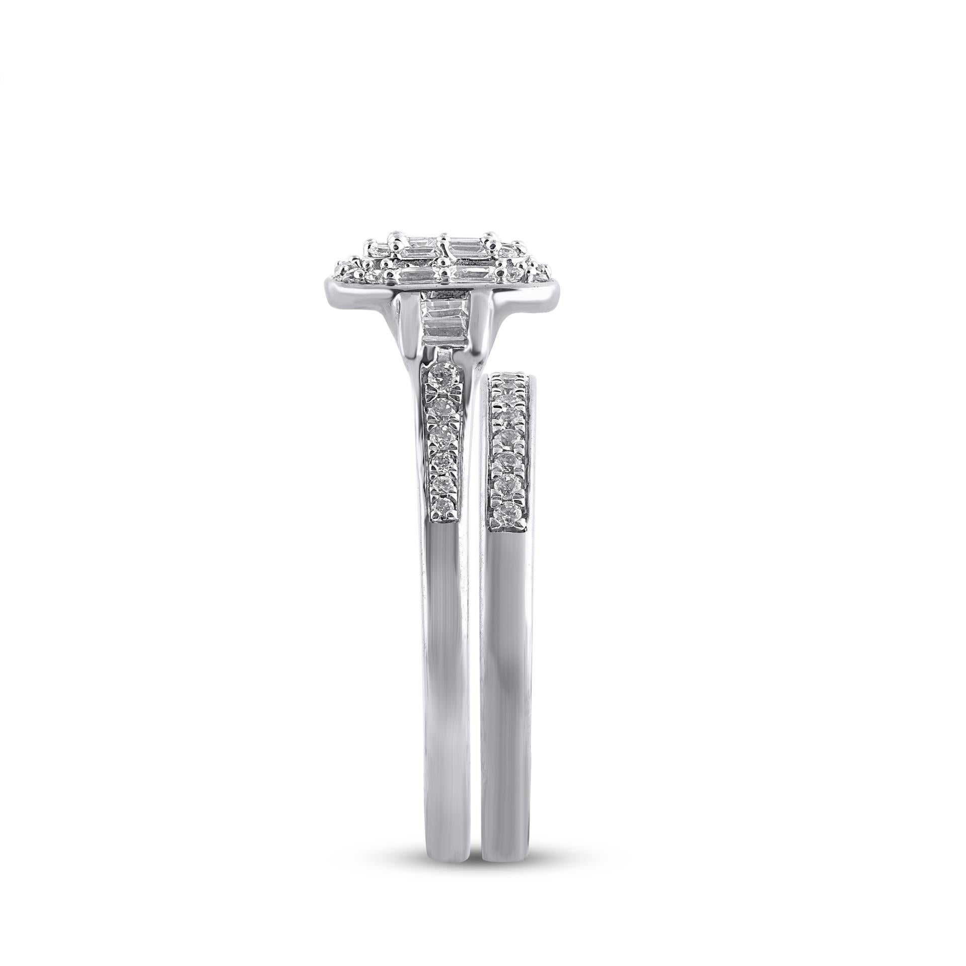 Mixed Cut TJD 0.50 Carat Round and Baguette Diamond 14 Karat White Gold Bridal Ring Set For Sale