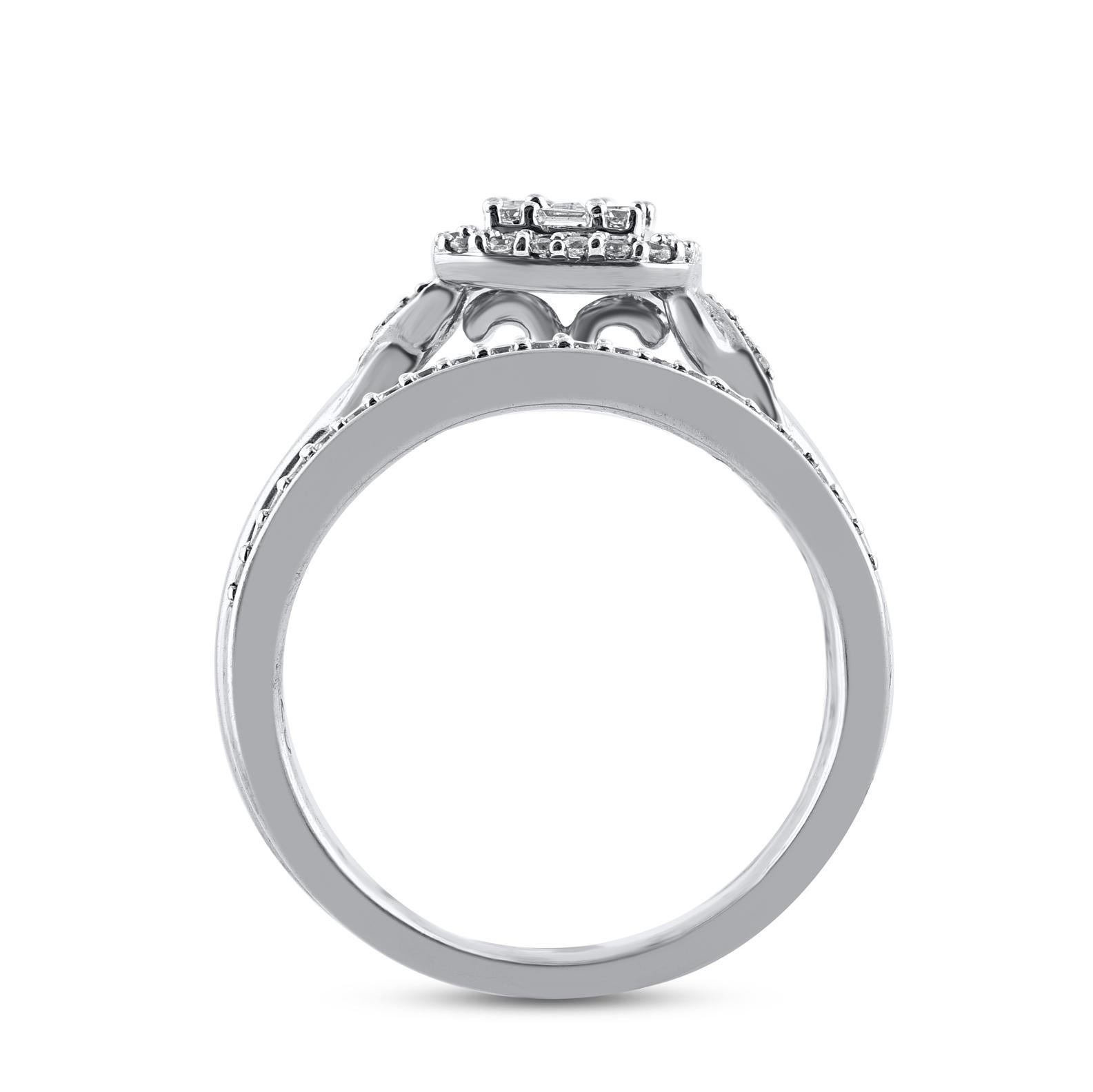 TJD 0.50 Carat Round and Baguette Diamond 14 Karat White Gold Bridal Ring Set In New Condition For Sale In New York, NY