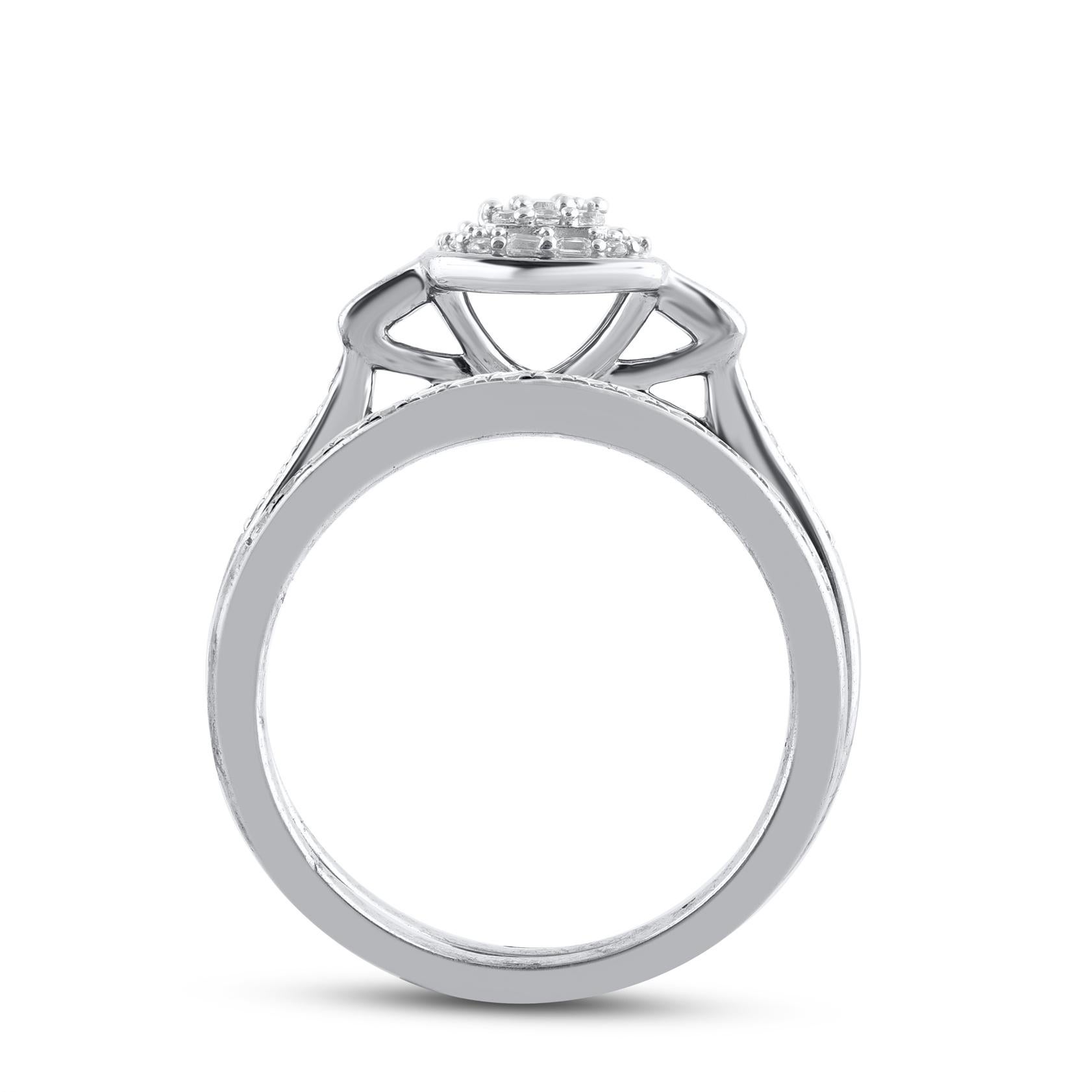 TJD 0.50 Carat Round and Baguette Diamond 14 Karat White Gold Bridal Ring Set In New Condition For Sale In New York, NY
