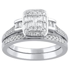 Bague de mariage en or blanc 14 carats sertie de diamants ronds et baguettes de 0,50 carat TJD