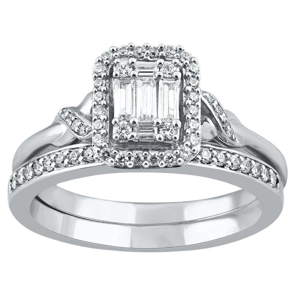 TJD 0.50 Carat Round and Baguette Diamond 14 Karat White Gold Bridal Ring Set For Sale