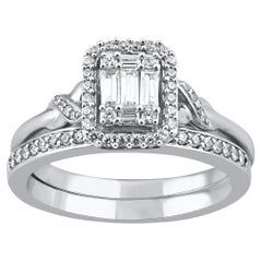 Bague de mariage en or blanc 14 carats sertie de diamants ronds et baguettes de 0,50 carat TJD