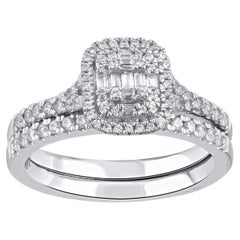 TJD 0.50 Carat Round and Baguette Diamond 14 Karat White Gold Bridal Ring Set