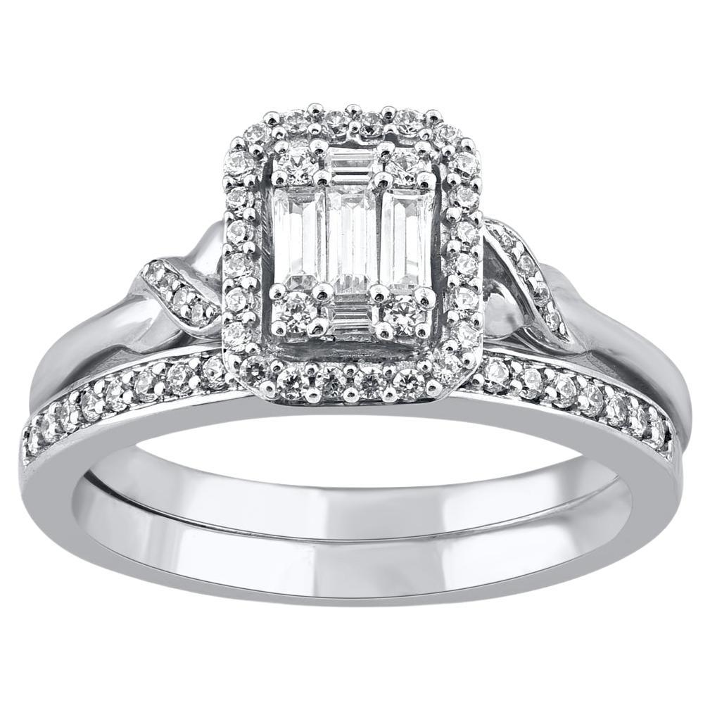 TJD 0.50 Carat Round and Baguette Diamond 14 Karat White Gold Bridal Ring Set
