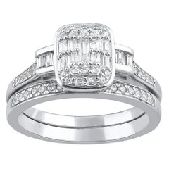 TJD 0.50 Carat Round and Baguette Diamond 14 Karat White Gold Bridal Ring Set