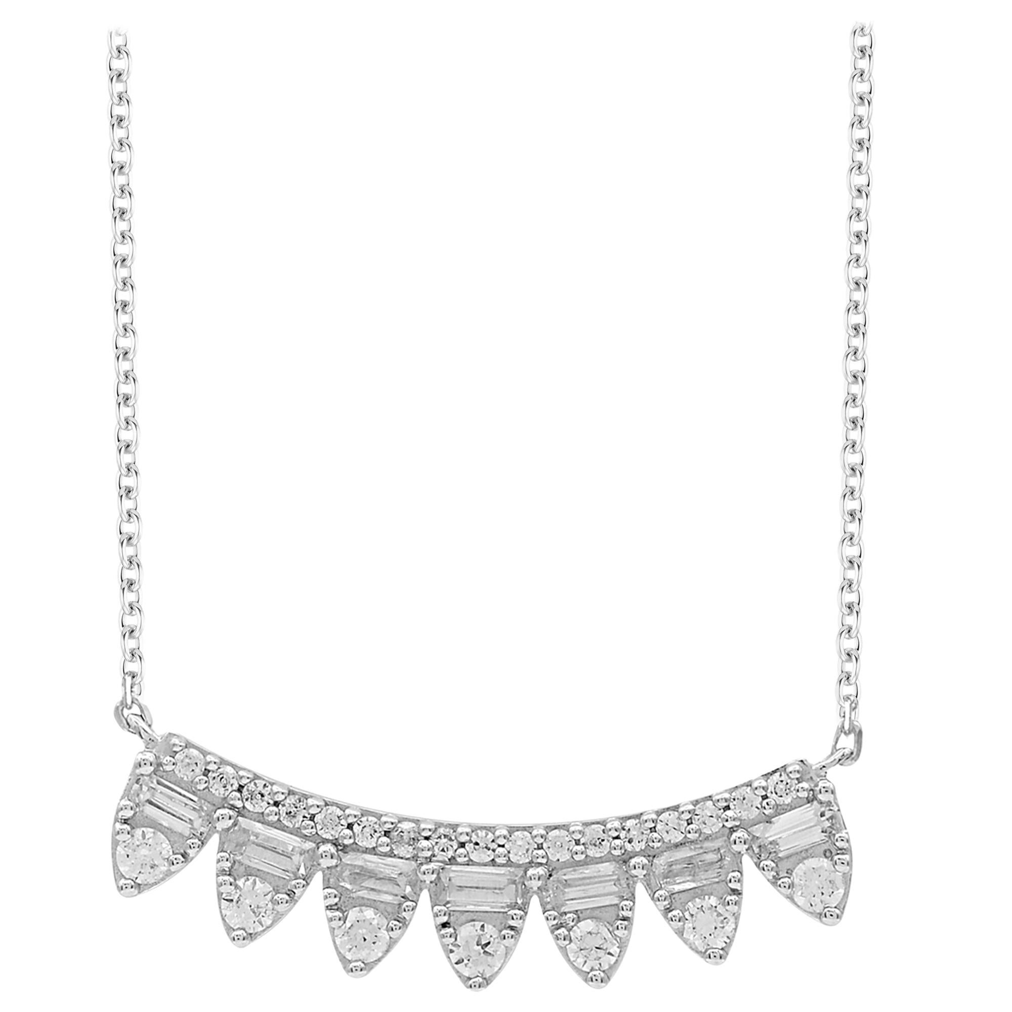 TJD 0.50 Carat Round and Baguette Diamond 14 Karat White Gold Curve Bar Necklace