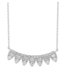 TJD 0.50 Carat Round and Baguette Diamond 14 Karat White Gold Curve Bar Necklace