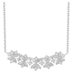 TJD 0.50 Carat Round and Baguette Diamond 14 Karat White Gold Curve Bar Necklace