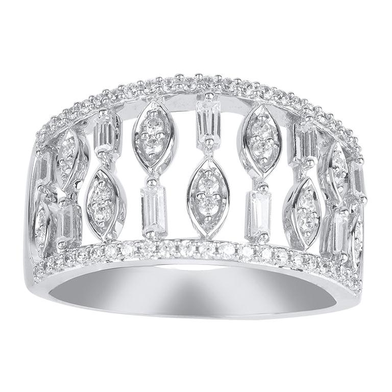 TJD 0.50 Carat Round and Baguette Diamond 14 Karat White Gold Fashion Band Ring For Sale