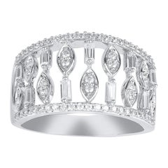 TJD 0.50 Carat Round and Baguette Diamond 14 Karat White Gold Fashion Band Ring