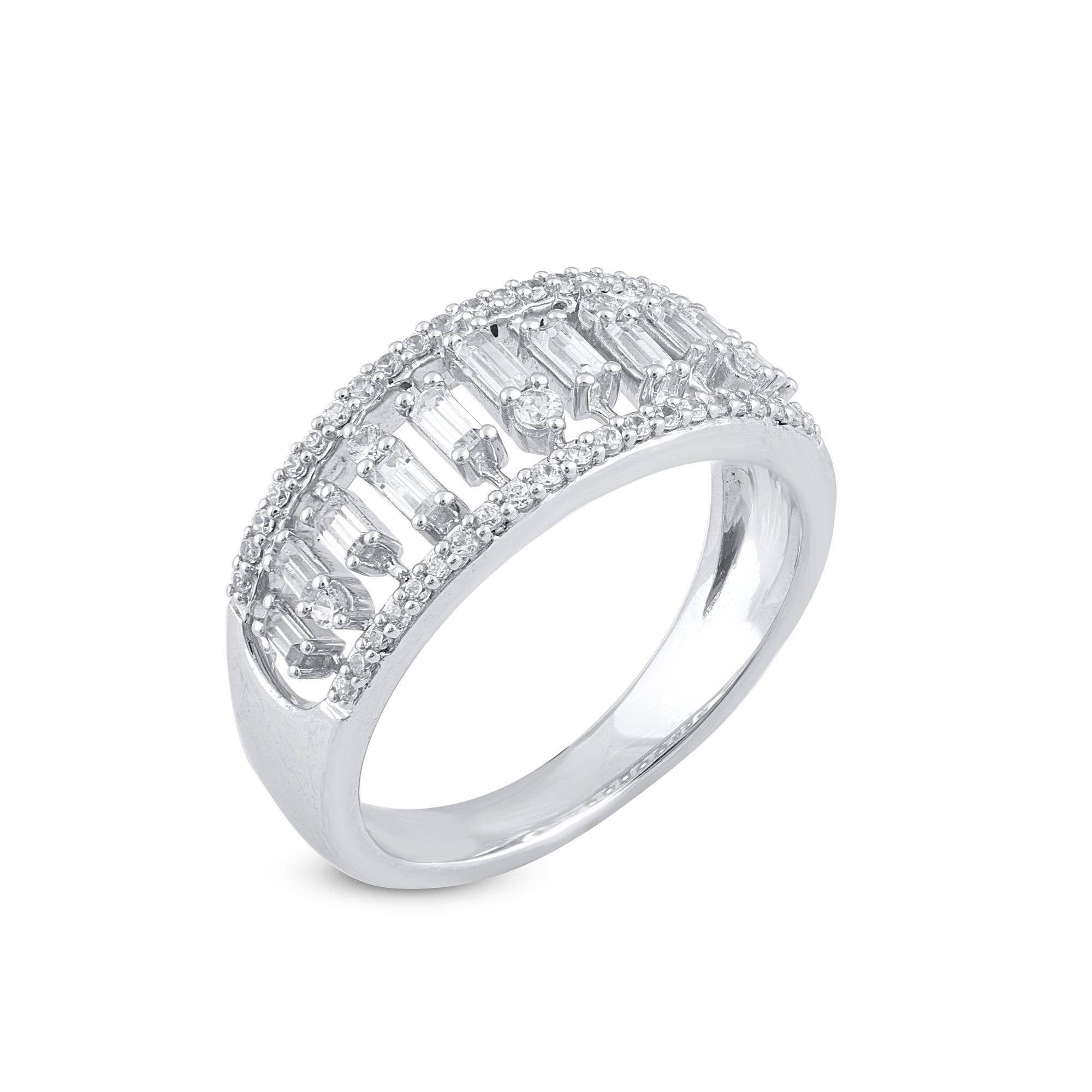 A bright and beautiful choice for any occasion, this sparkling diamond wedding band gives her a moment to remember. The ring is crafted from 14-karat gold in your choice of white, rose, or yellow, and features Round Brilliant 47 and Baguette - 11