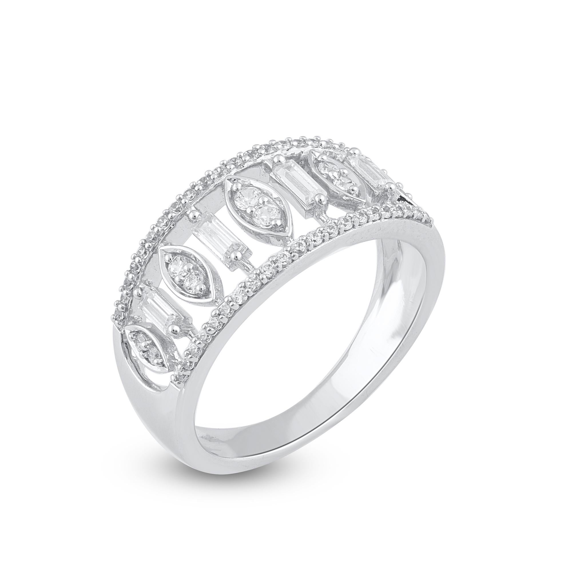 Bring charm to your look with this diamond ring. The ring is crafted from 14-karat gold in your choice of white, rose, or yellow, and features Round Brilliant 52 and Baguette - 4 white diamonds Prong set, H-I color I2 clarity and a high polish