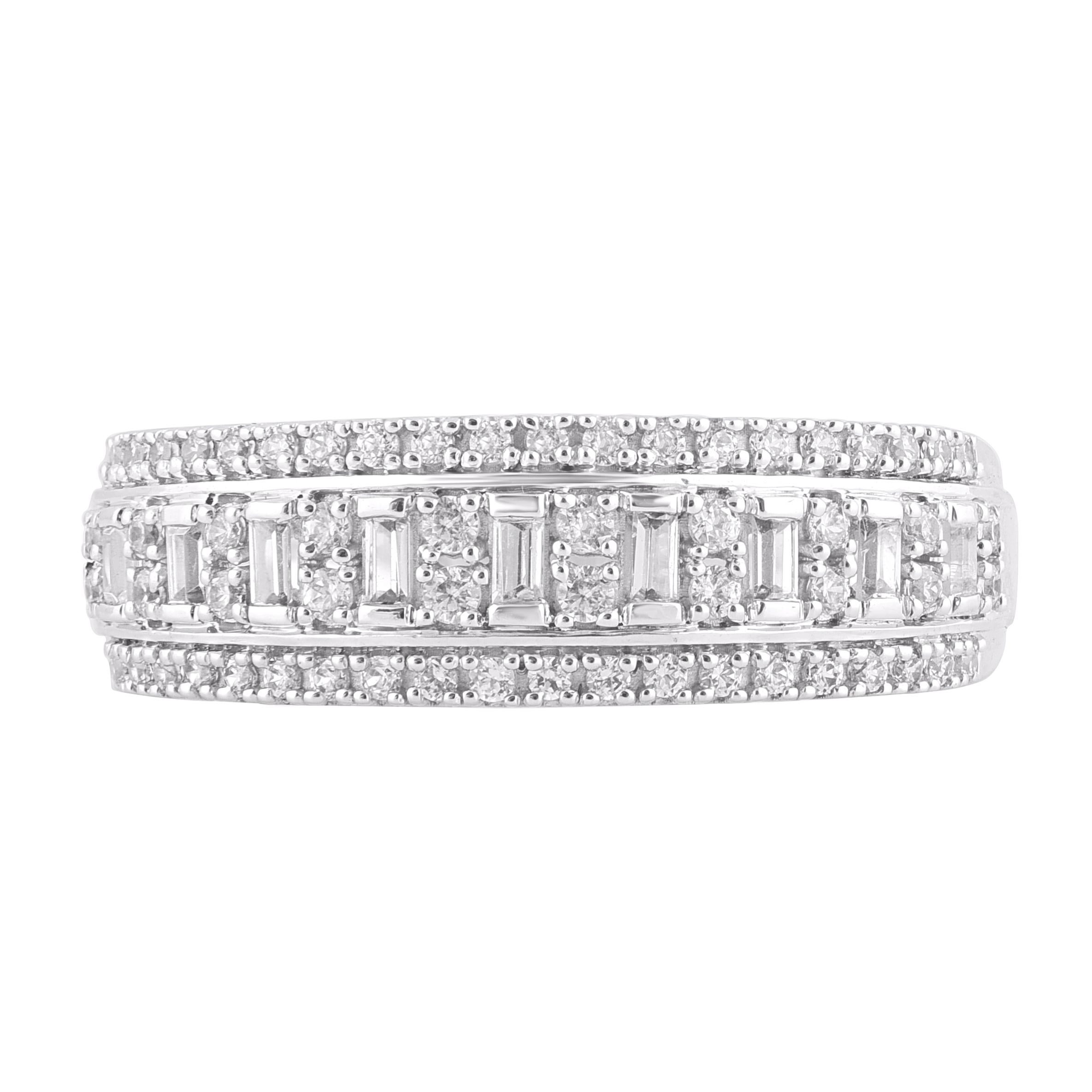 Make your most special and precious day shine with this wedding band ring. These band ring are studded with 69 brilliant cut, single cut and baguette cut natural diamonds in 14 karat white gold in prong and channel setting . The white diamonds are