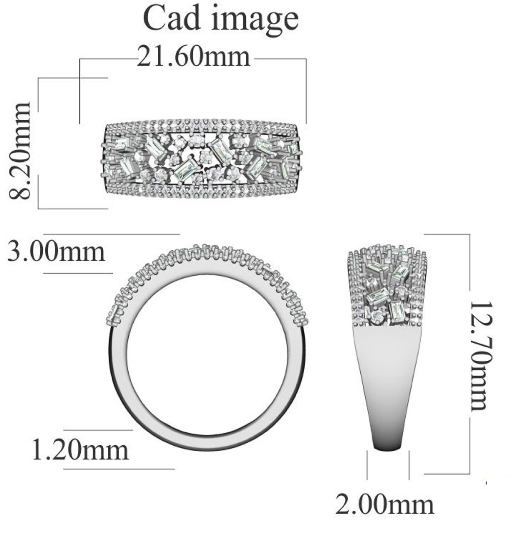 Exquisiter Verlobungsring aus 14 Karat Weißgold mit 74 runden und 10 Baguette-Schliffen  weiße Diamanten. Dieser Ring ist bis ins kleinste Detail perfekt ausgearbeitet und mit 0,50 Karat funkelnden runden Diamanten im Brillantschliff in gesicherter