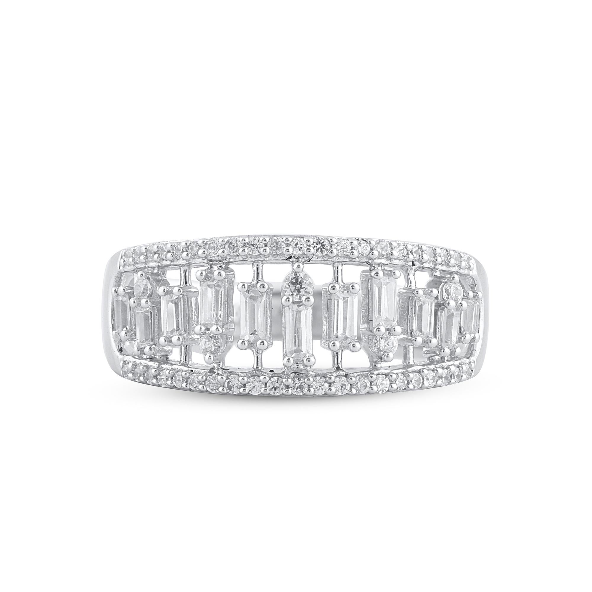 Baguette Cut TJD 0.50 Carat Round and Baguette Diamond 14 Karat White Gold Wedding Band Ring For Sale