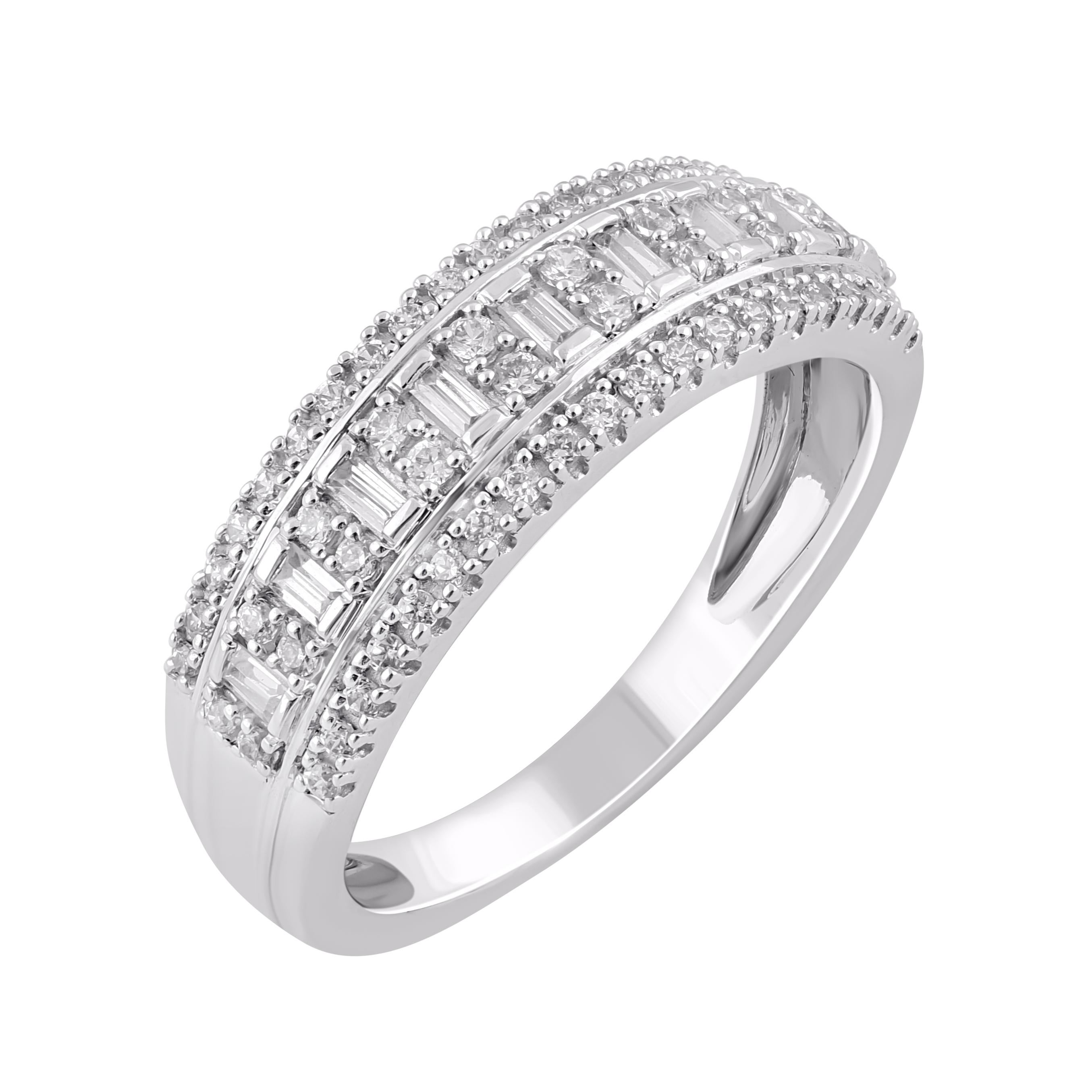 Contemporary TJD 0.50 Carat Round and Baguette Diamond 14 Karat White Gold Wedding Band Ring For Sale