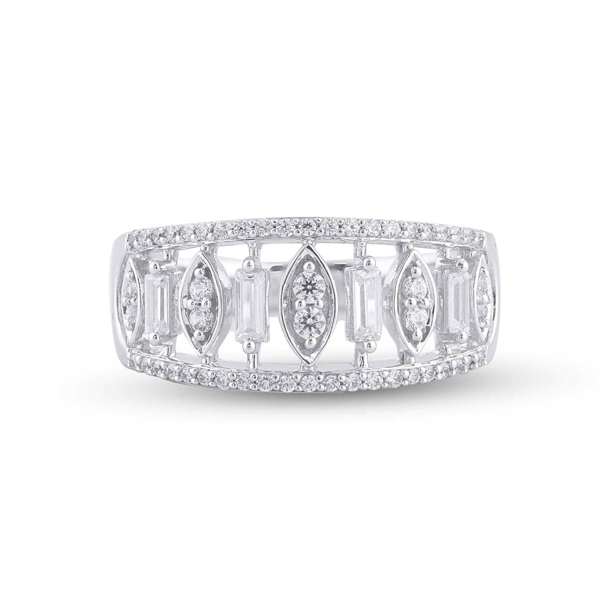 Art Deco TJD 0.50 Carat Round and Baguette Diamond 14 Karat White Gold Wedding Band Ring For Sale