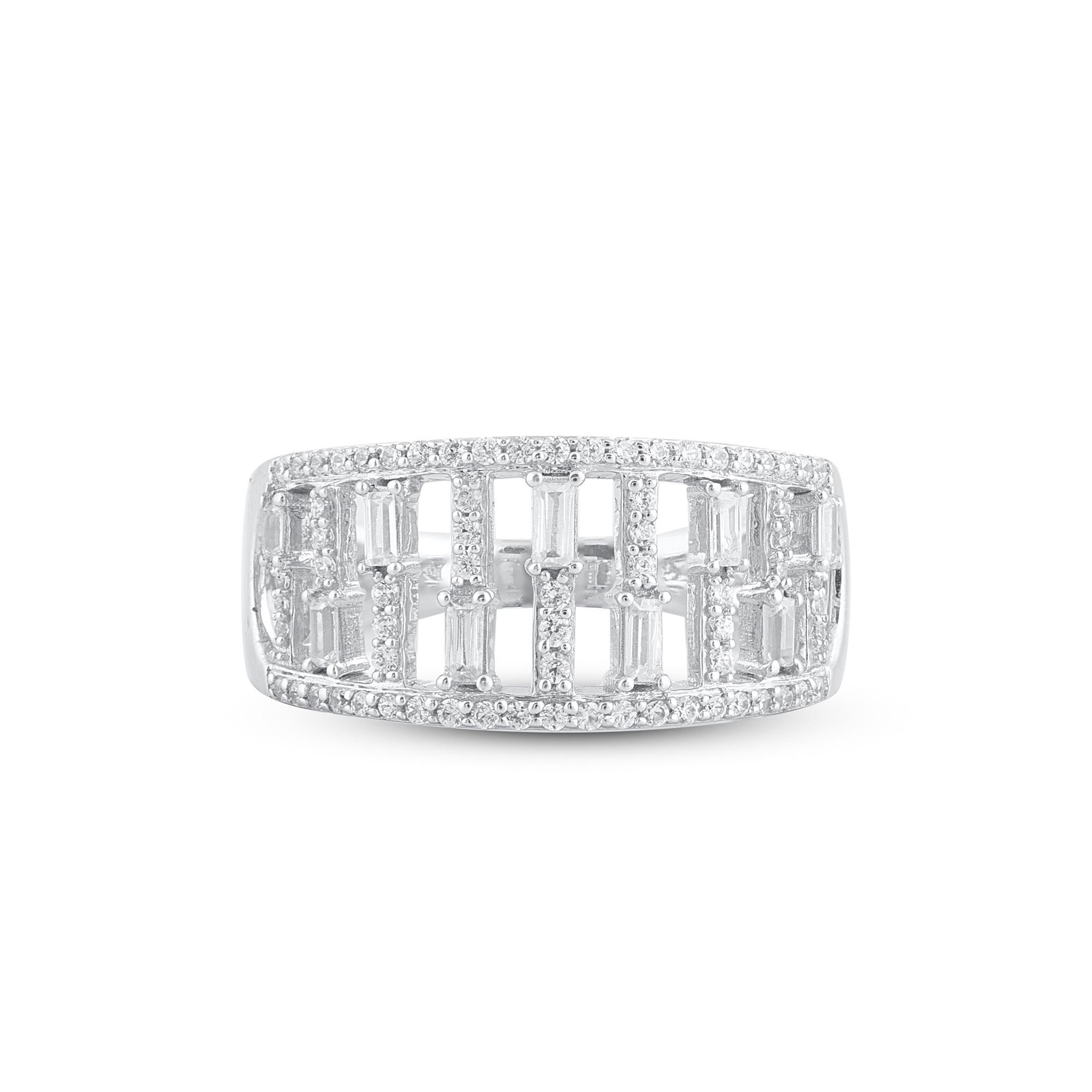 Art Deco TJD 0.50 Carat Round and Baguette Diamond 14 Karat White Gold Wedding Band Ring For Sale