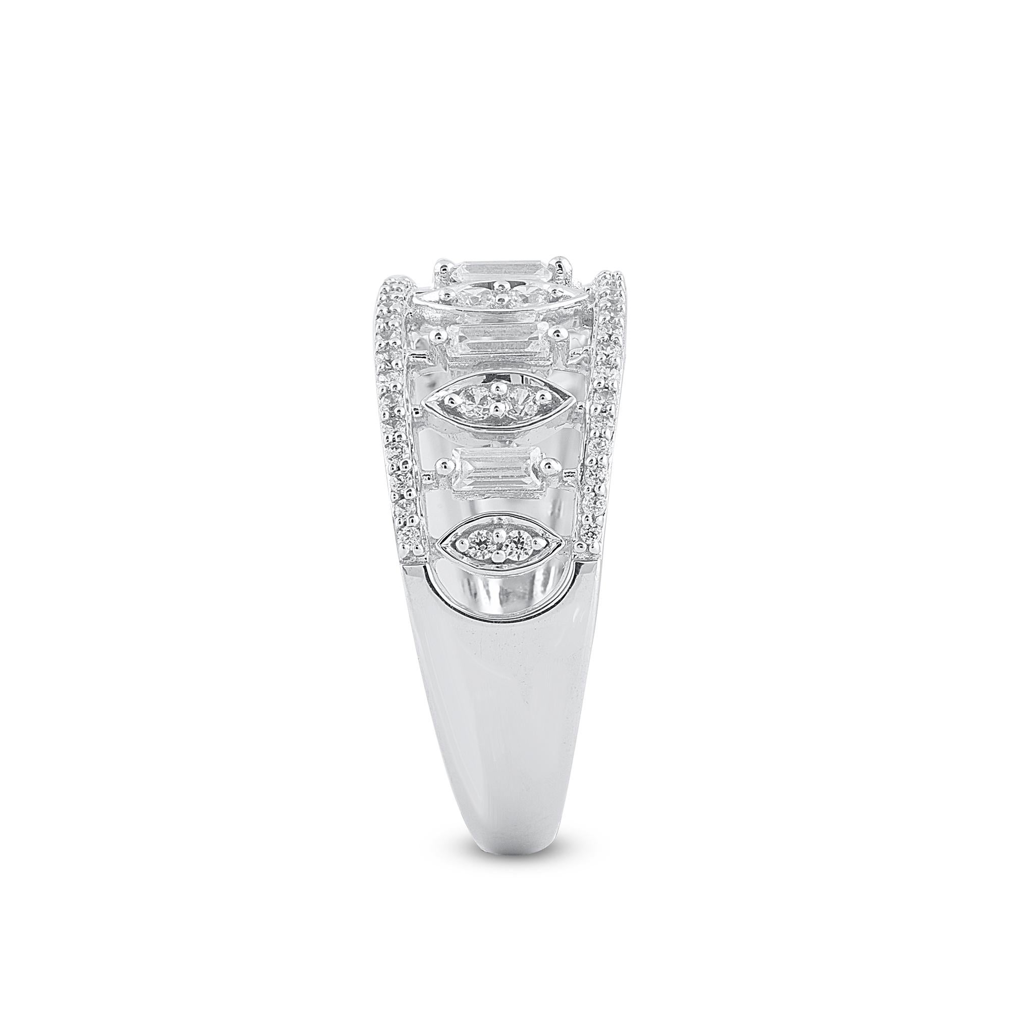Baguette Cut TJD 0.50 Carat Round and Baguette Diamond 14 Karat White Gold Wedding Band Ring For Sale