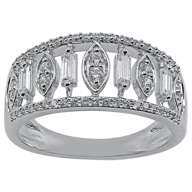 TJD 0.50 Carat Round and Baguette Diamond 14 Karat White Gold Wedding Band Ring