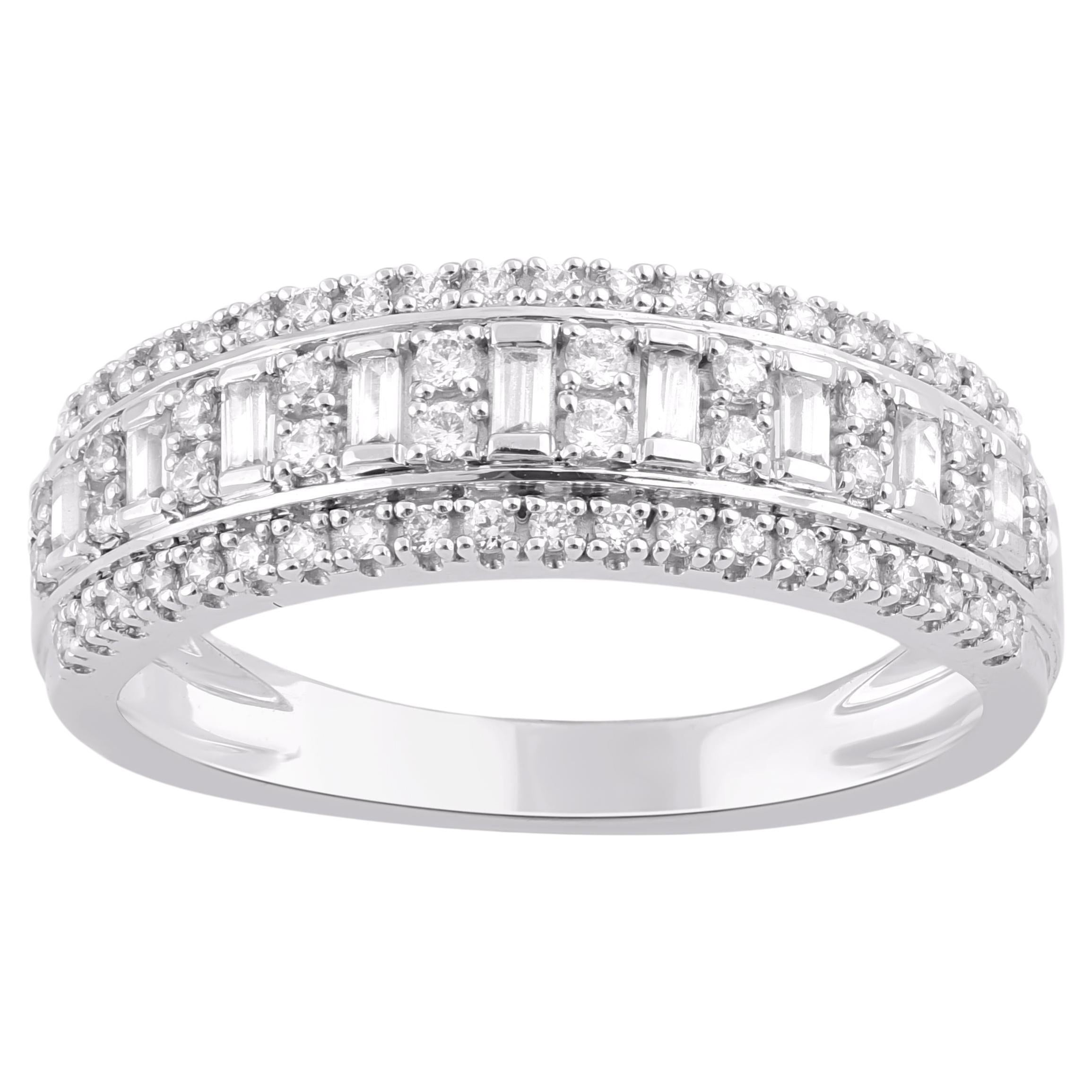 TJD 0.50 Carat Round and Baguette Diamond 14 Karat White Gold Wedding Band Ring For Sale