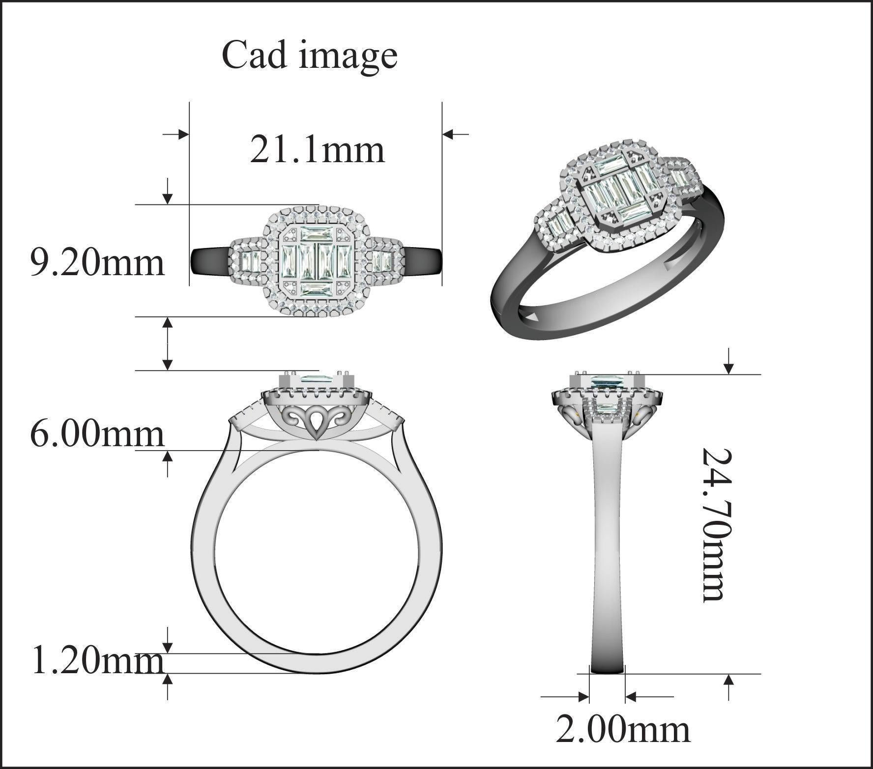Modern and mesmerizing, these cluster halo diamond diamond ring are an eye catchy look for any occasion. Embedded with 52 round and 10 baguette diamonds set in pave, channel and microprong setting and dazzles in H-I color I2 clarity. Crafted by our