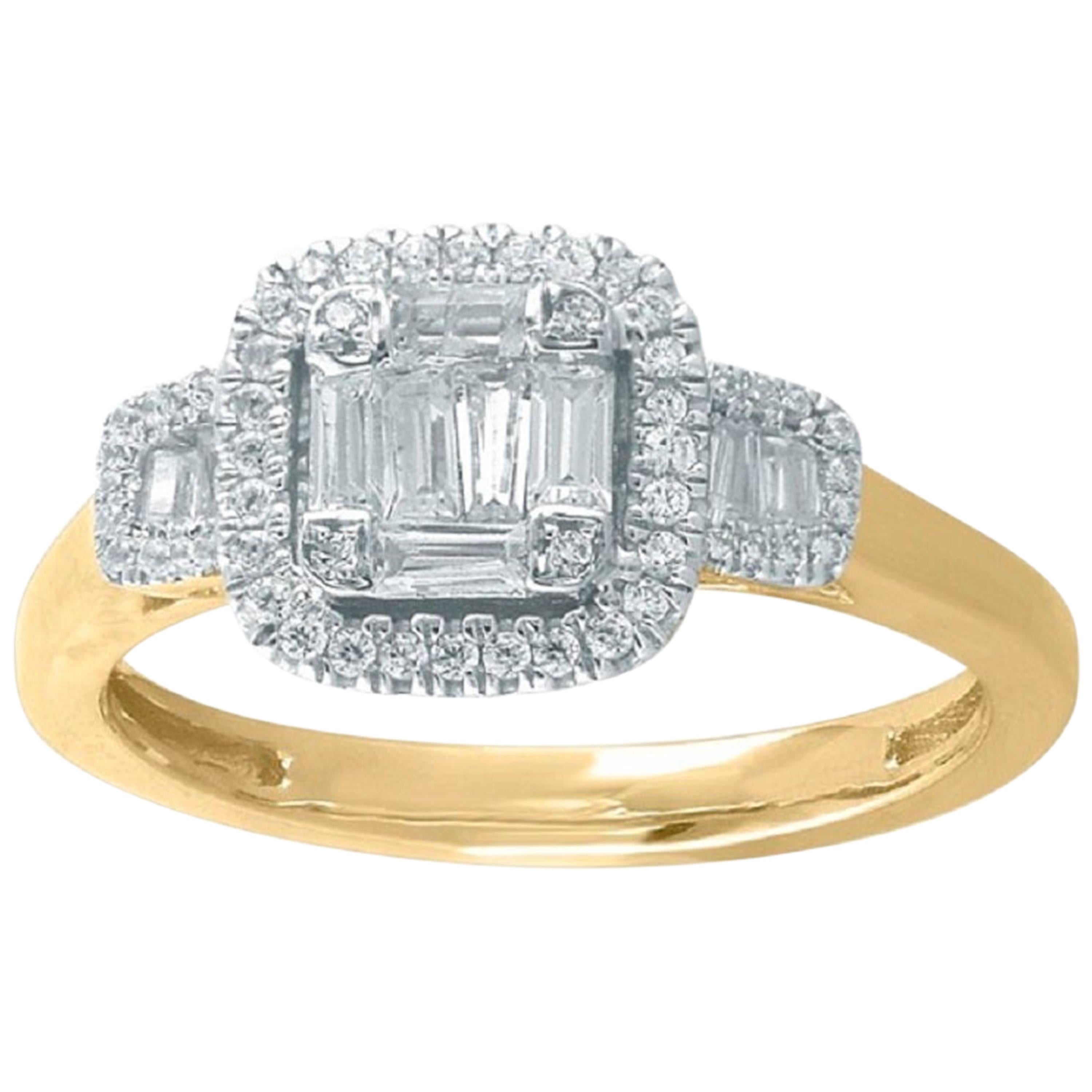TJD 0.50 Carat Round and Baguette Diamond 14 Karat Yellow Gold Cluster Halo Ring For Sale
