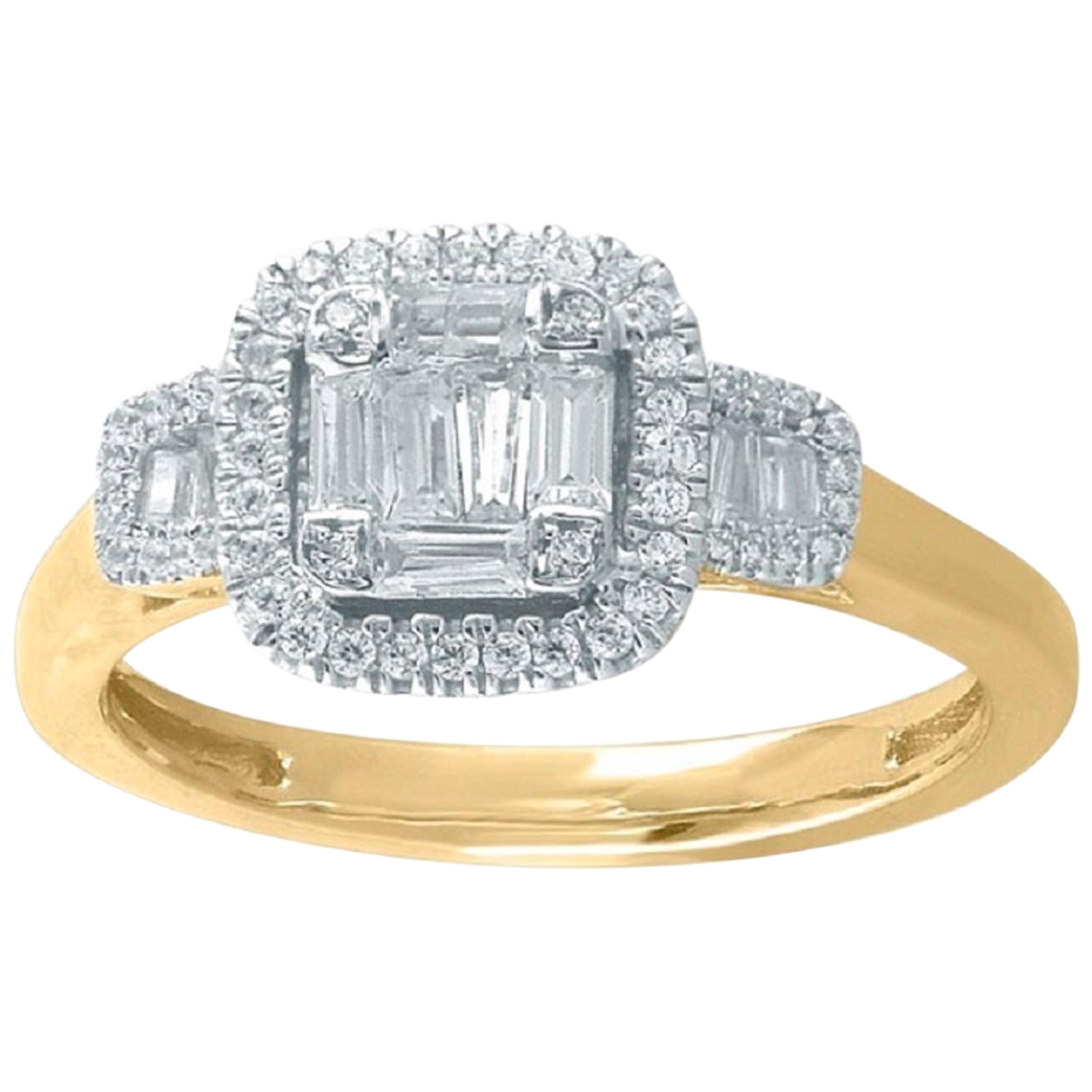 TJD 0.50 Carat Round and Baguette Diamond 14 Karat Yellow Gold Cluster Halo Ring