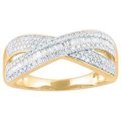 TJD 0.50 Carat Round and Baguette Diamond 14 Karat Yellow Gold Criss Cross Ring