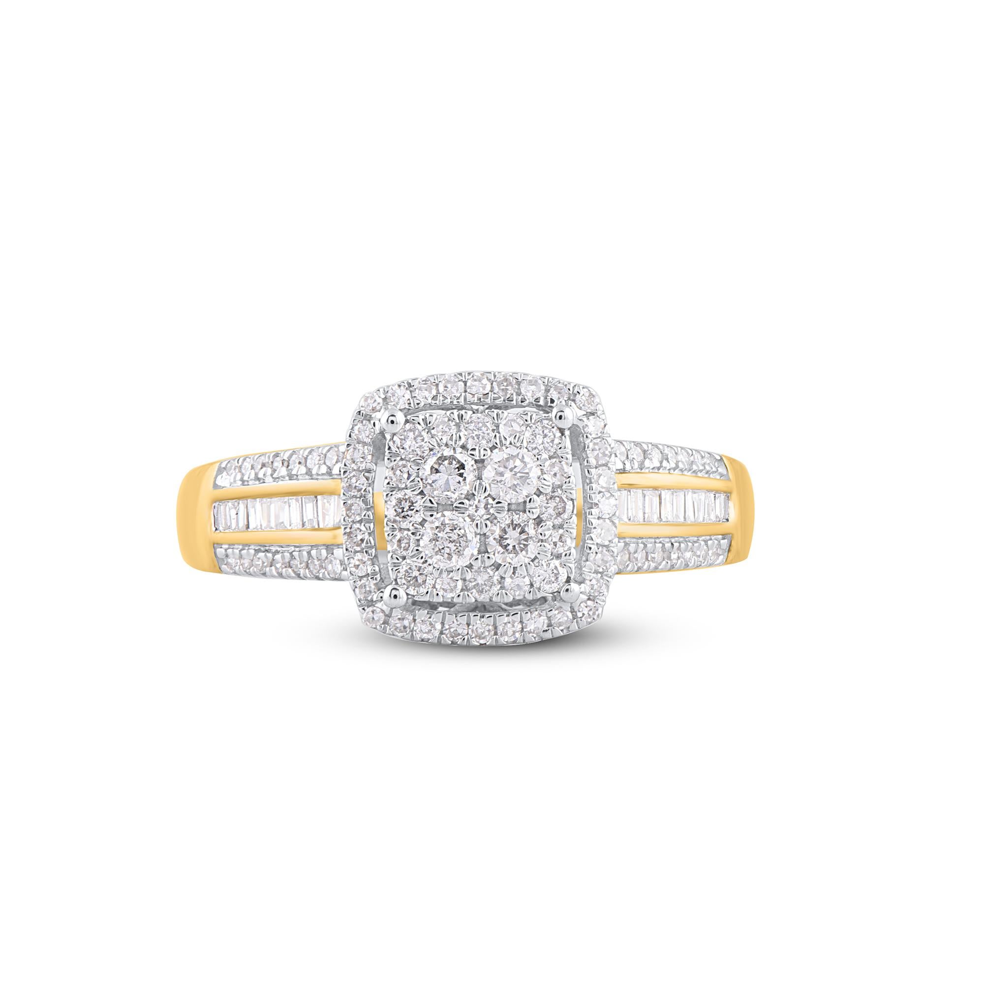 Express your love for her in the most classic way with this engagement ring. Beautifully crafted by our inhouse experts in 14 karat yellow gold and embellished with 97 brilliant cut and single cut round diamond and baguette diamonds set in prong and