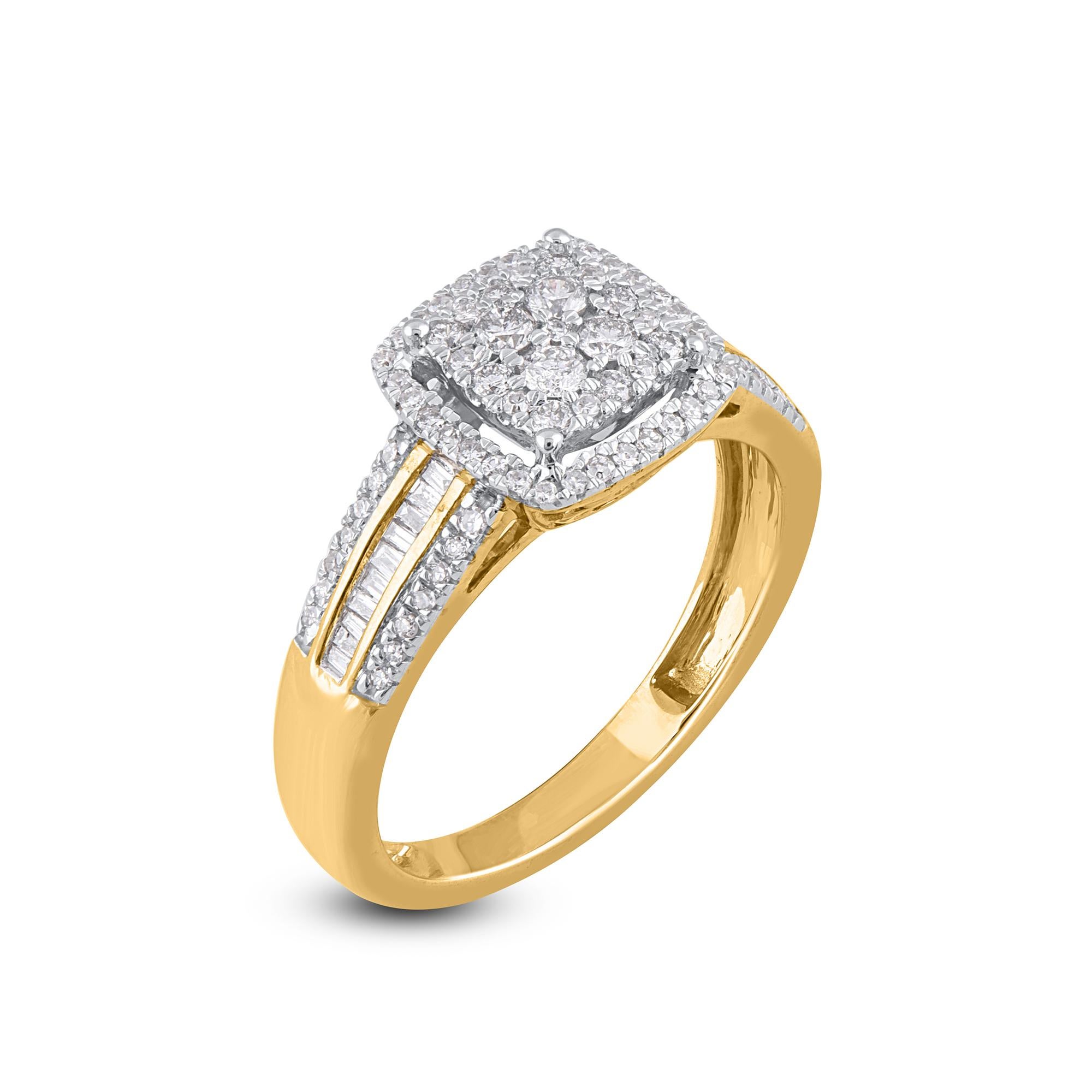 Modern TJD 0.50 Carat Round and Baguette Diamond 14 Karat Yellow Gold Wedding Ring For Sale