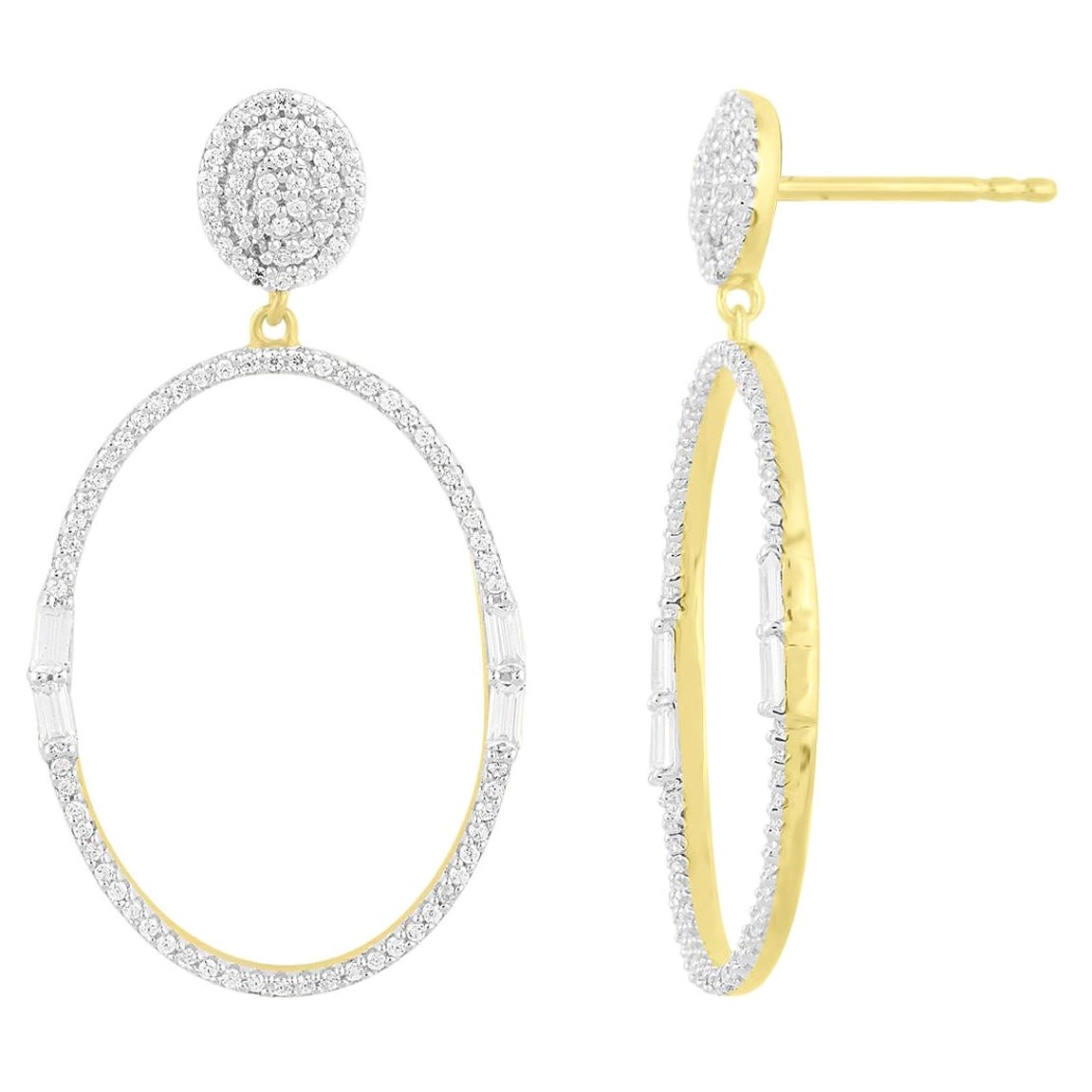 TJD 0.50 Carat Round and Baguette Diamond 14K Oval Shape Dangling Drop Earrings For Sale