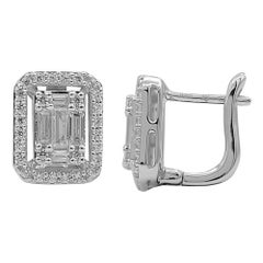 TJD 0.50 Carat Round and Baguette Diamond 14K White Gold Rectangle Stud Earrings