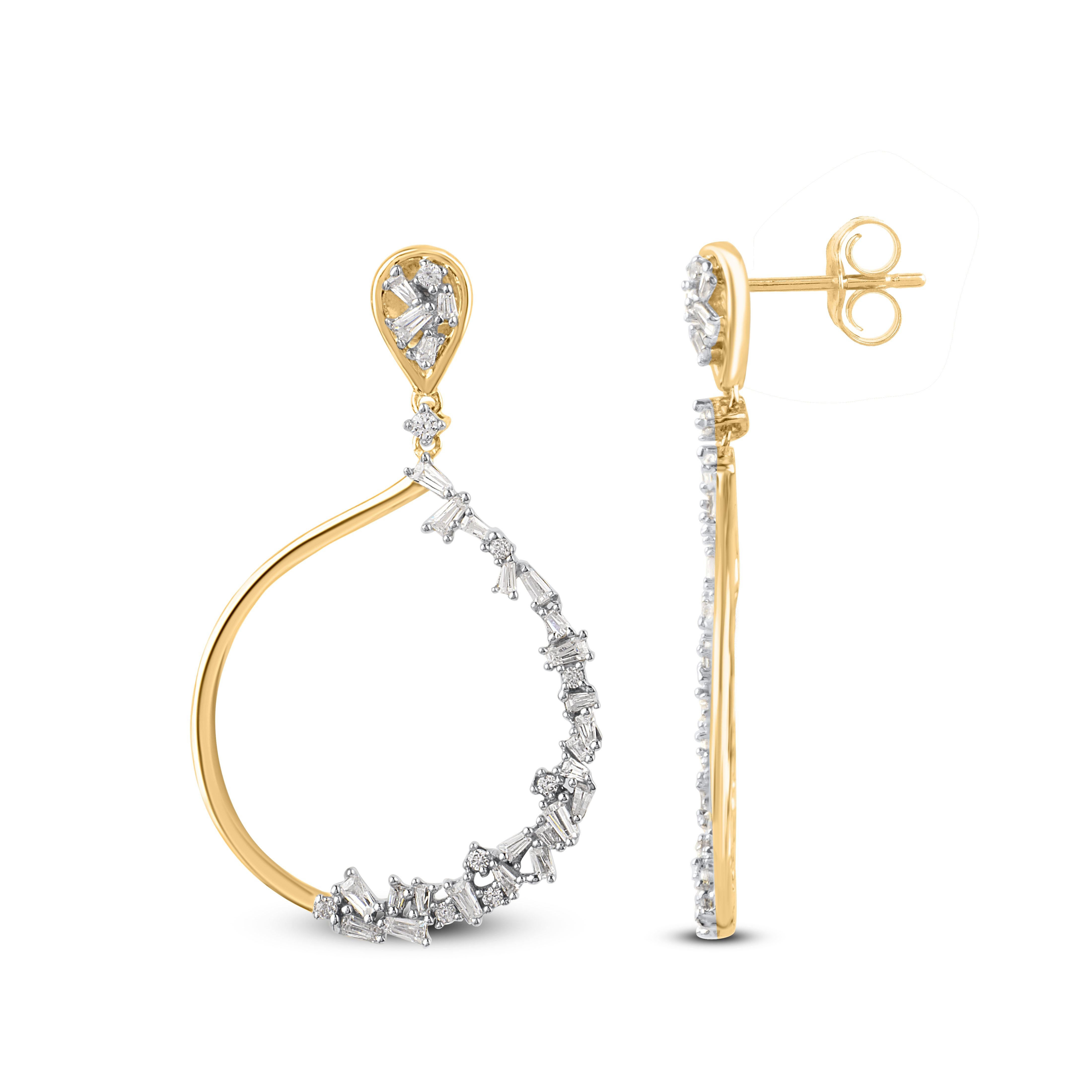 Modern TJD 0.50 Carat Round and Baguette Diamond 14K Yellow Gold Drop Fashion Earrings For Sale