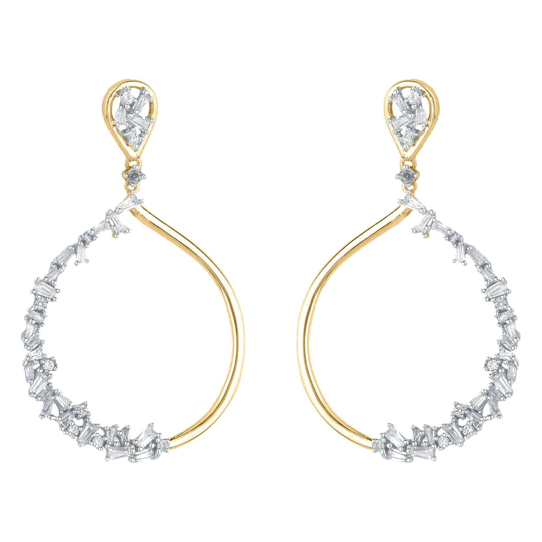 TJD 0.50 Carat Round and Baguette Diamond 14K Yellow Gold Drop Fashion Earrings For Sale