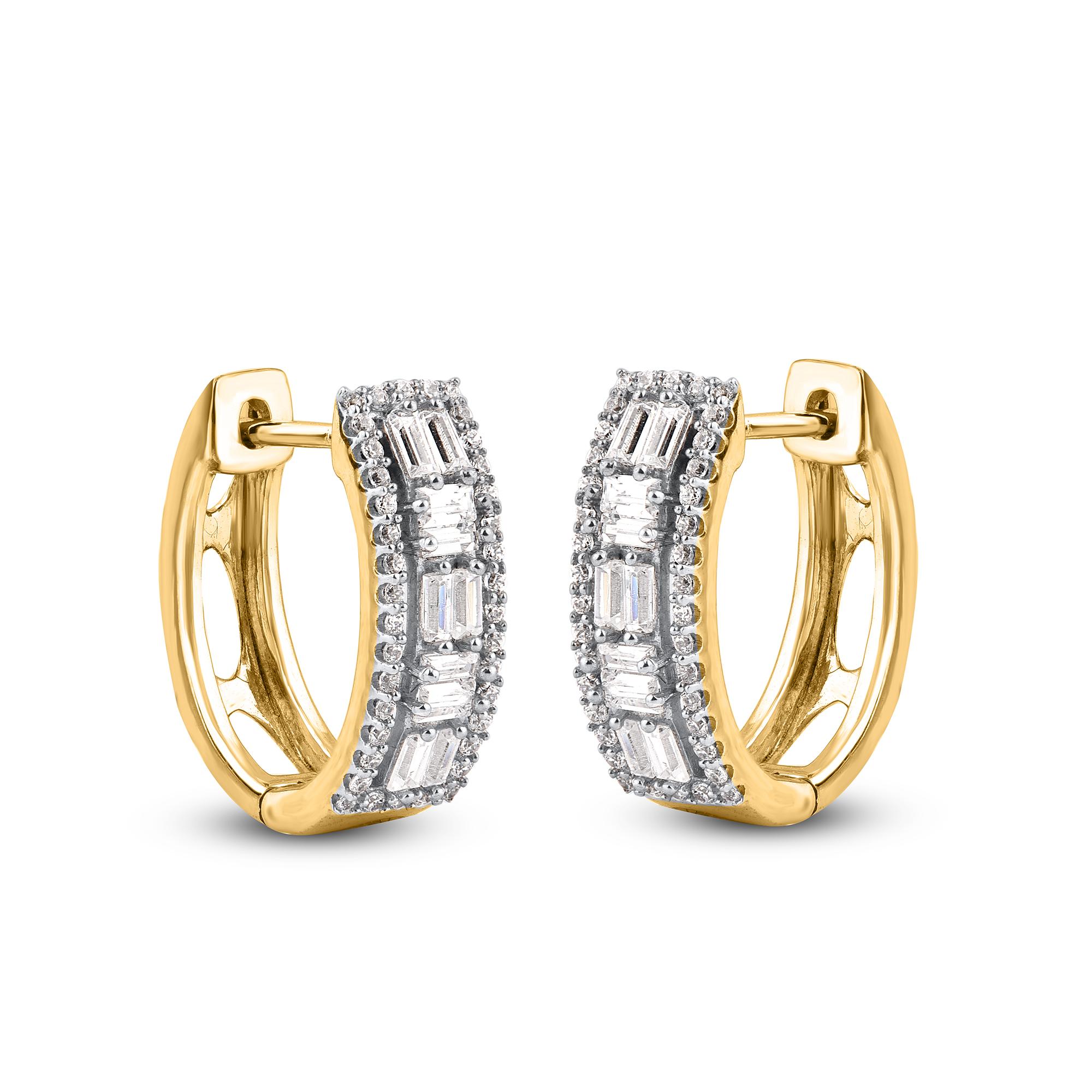Contemporary TJD 0.50 Carat Round and Baguette Diamond 14KT Yellow Gold Huggie Hoop Earrings For Sale