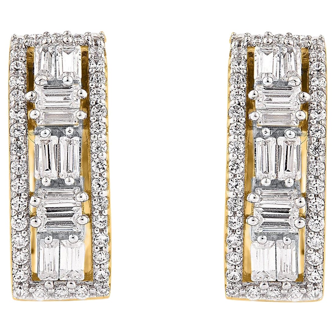 TJD 0.50 Carat Round and Baguette Diamond 14KT Yellow Gold Huggie Hoop Earrings