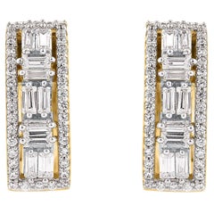 TJD 0.50 Carat Round and Baguette Diamond 14KT Yellow Gold Huggie Hoop Earrings