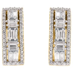 TJD 0.50 Carat Round and Baguette Diamond 14KT Yellow Gold Huggie Hoop Earrings