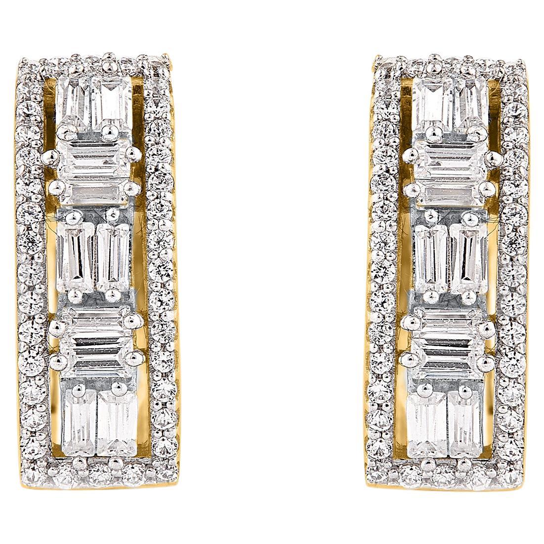 TJD 0.50 Carat Round and Baguette Diamond 14KT Yellow Gold Huggie Hoop Earrings
