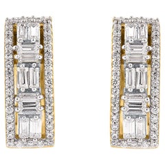 TJD 0.50 Carat Round and Baguette Diamond 14KT Yellow Gold Huggie Hoop Earrings