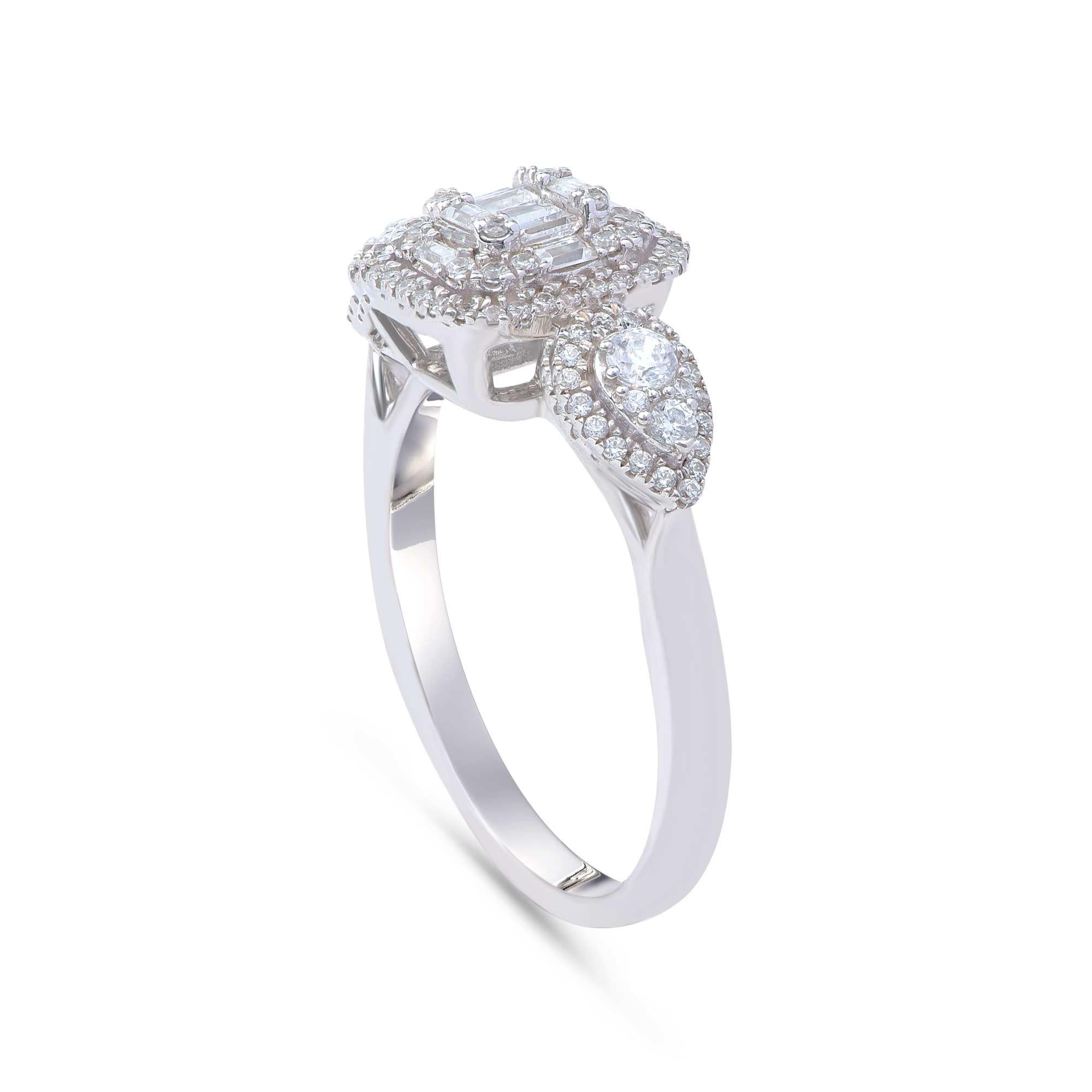 Modern TJD 0.50 Carat Round and Baguette Diamond 18 Karat White Gold Cluster Ring For Sale